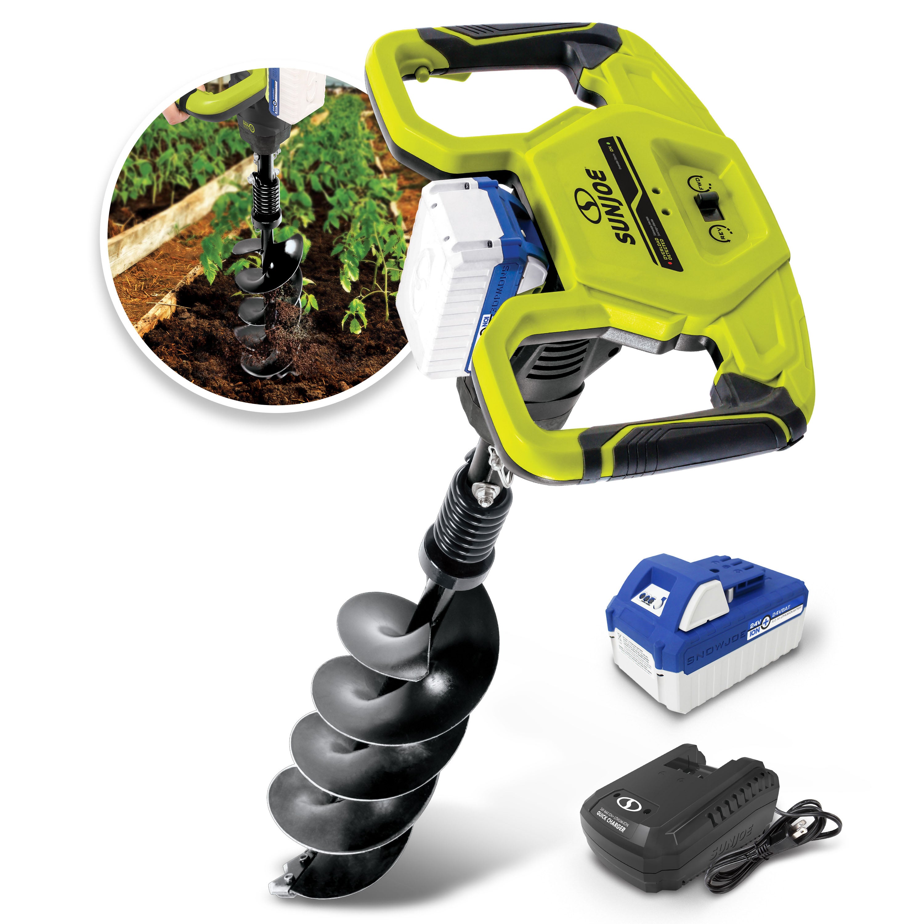 Sun Joe 24V-AGR100 24-Volt* IONMAX Cordless Earth Auger | 30" Drilling Depth | W/ 4.0-Ah Battery + Quick Charger