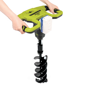 Person holding the Sun Joe 24-Volt 30-inch Cordless Earth Auger with a 4.0-Ah battery attached.