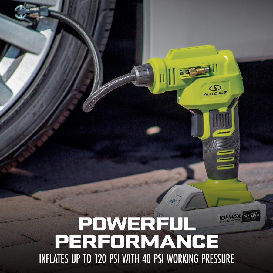 Auto Joe 24V-AJC-LTE inflating a car tire