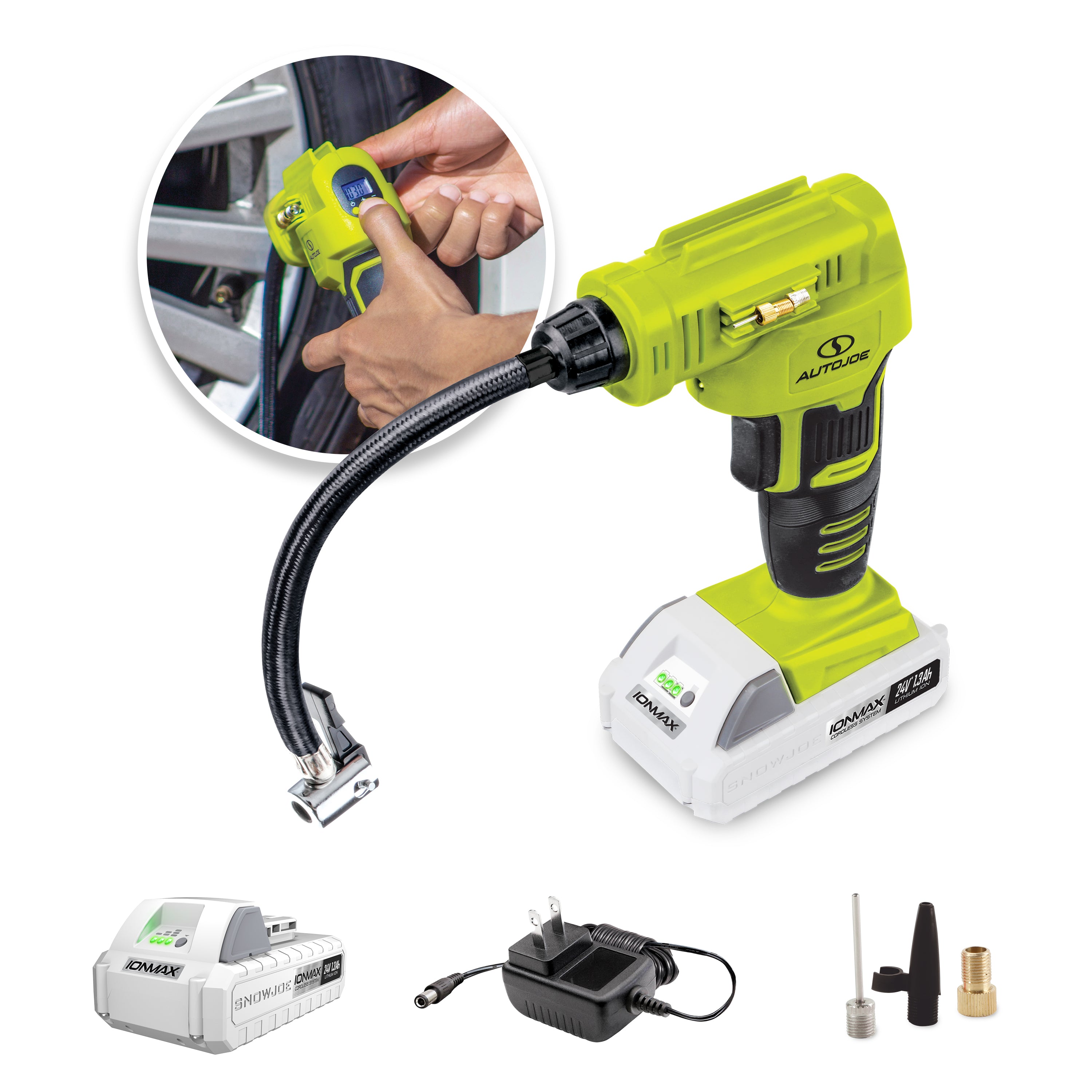 Auto Joe 24V-AJC-MAX Cordless Portable Air Compressor Kit | W/ 1.3-Ah Battery, Nozzle Accessories, and Storage Bag