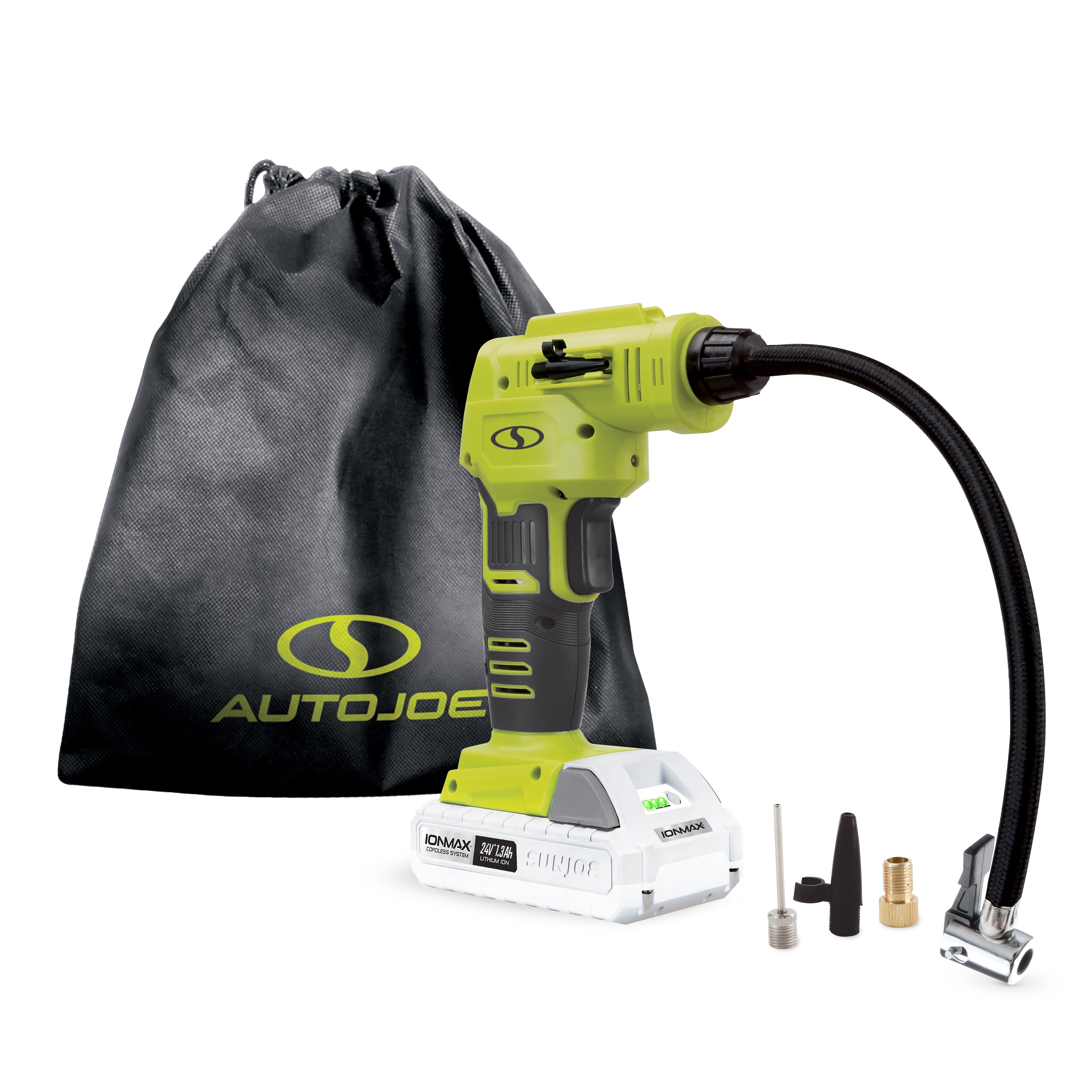 Auto Joe 24V-AJC-MAX Cordless Portable Air Compressor Kit | W/ 1.3-Ah Battery, Nozzle Accessories, and Storage Bag