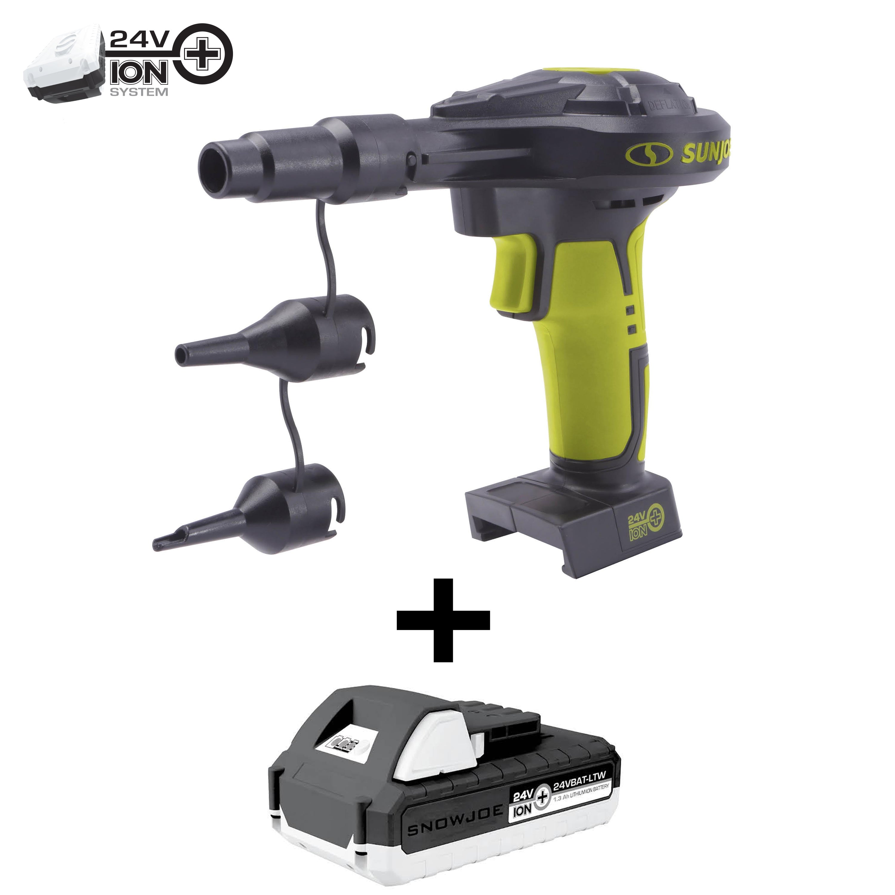 Sun Joe 24-Volt Cordless High-Volume Inflator plus nozzle attachments and a 1.3-Ah lithium-ion battery.