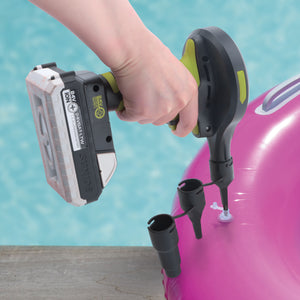 Sun Joe 24-Volt Cordless High-Volume Inflator filling up a pool tube.