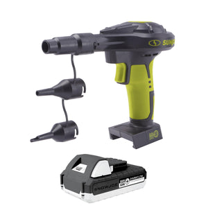 Sun Joe 24-Volt Cordless High-Volume Inflator with nozzle attachments and a 1.3-Ah lithium-ion battery.