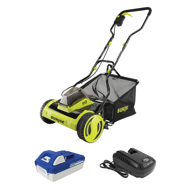 Sun Joe 24-Volt cordless push reel mower with a 4.0-Ah lithium-ion battery and quick charger.