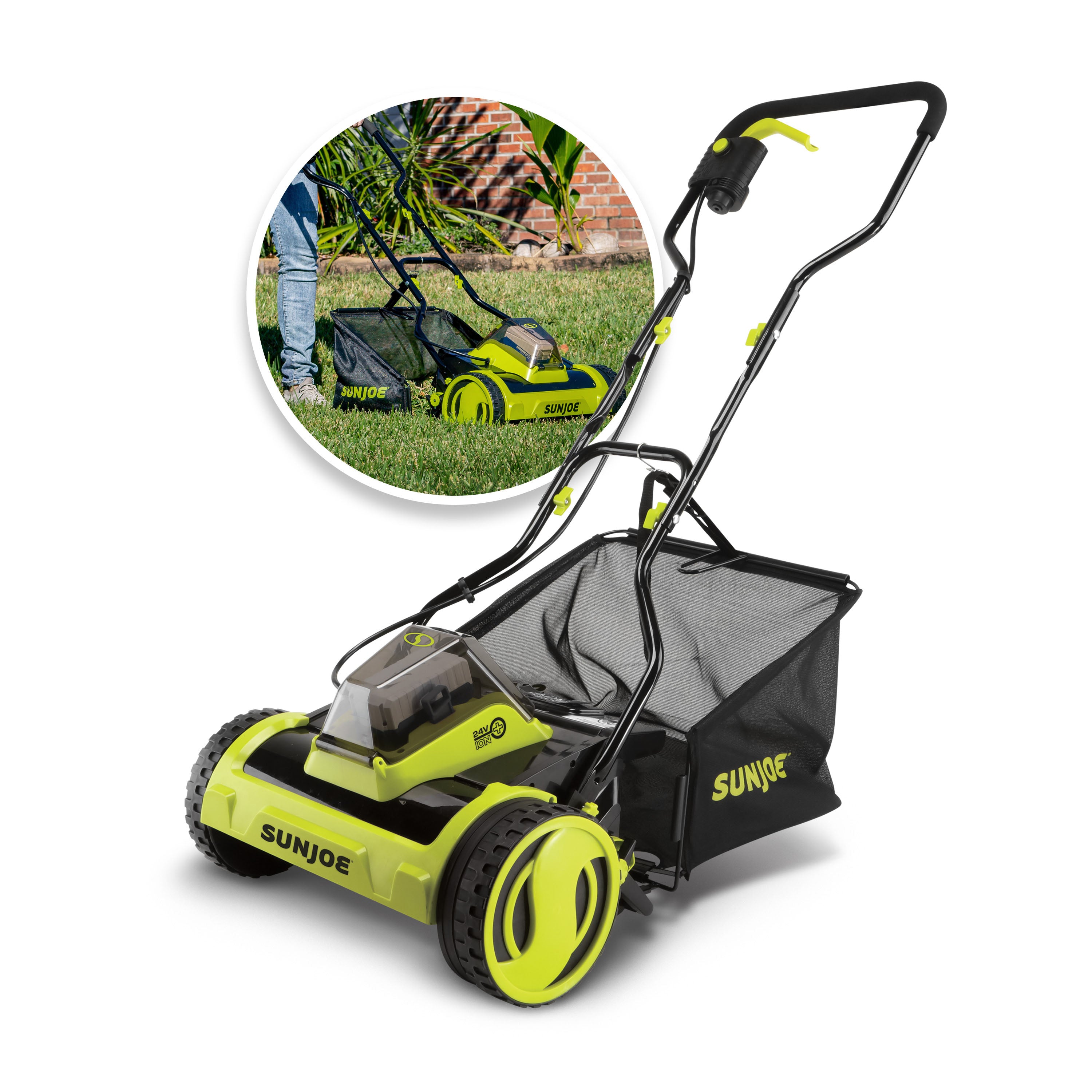 Sun Joe 24V-CRLM15 24-Volt* IONMAX Cordless Push Reel Mower W/ Collection Bag | 15-inch