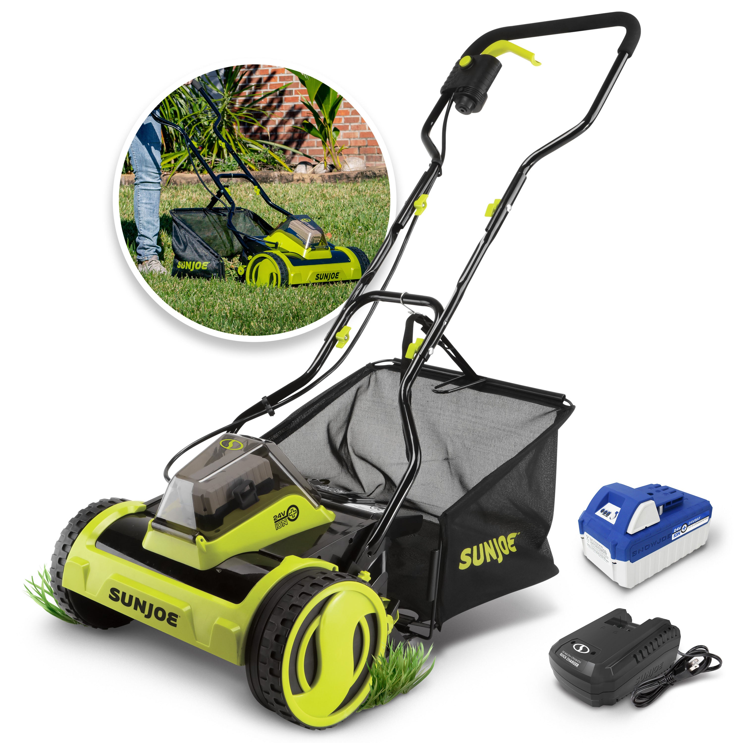 Sun Joe 24V-CRLM15 24-Volt* IONMAX Cordless Push Reel Mower W/ Collection Bag | 15-inch