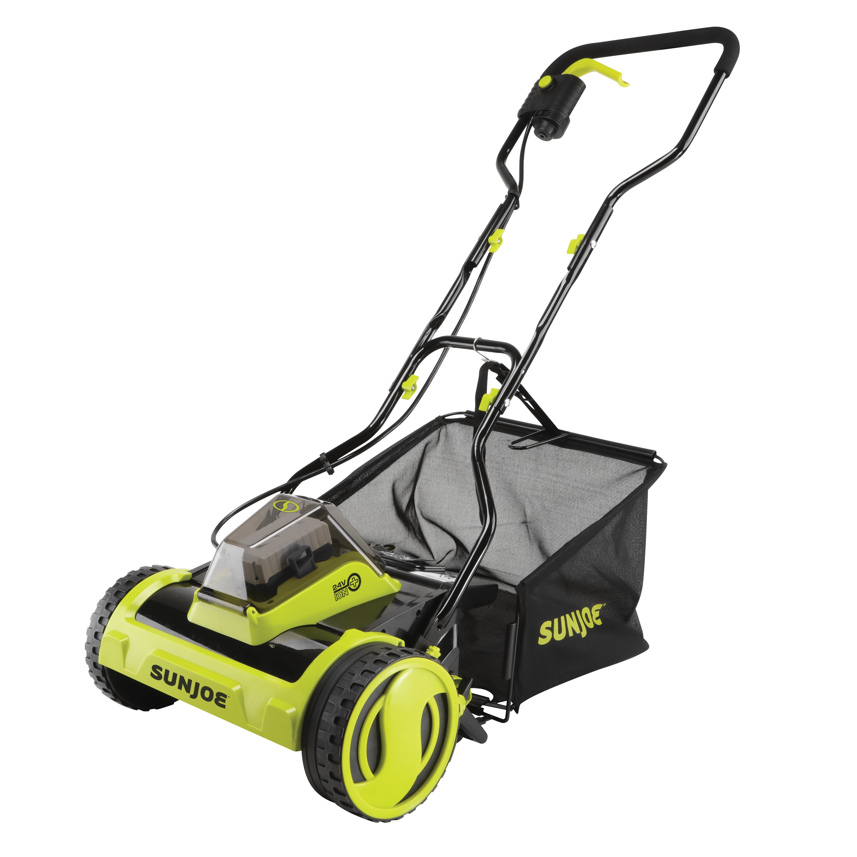 Sun Joe 24-Volt cordless push reel mower.