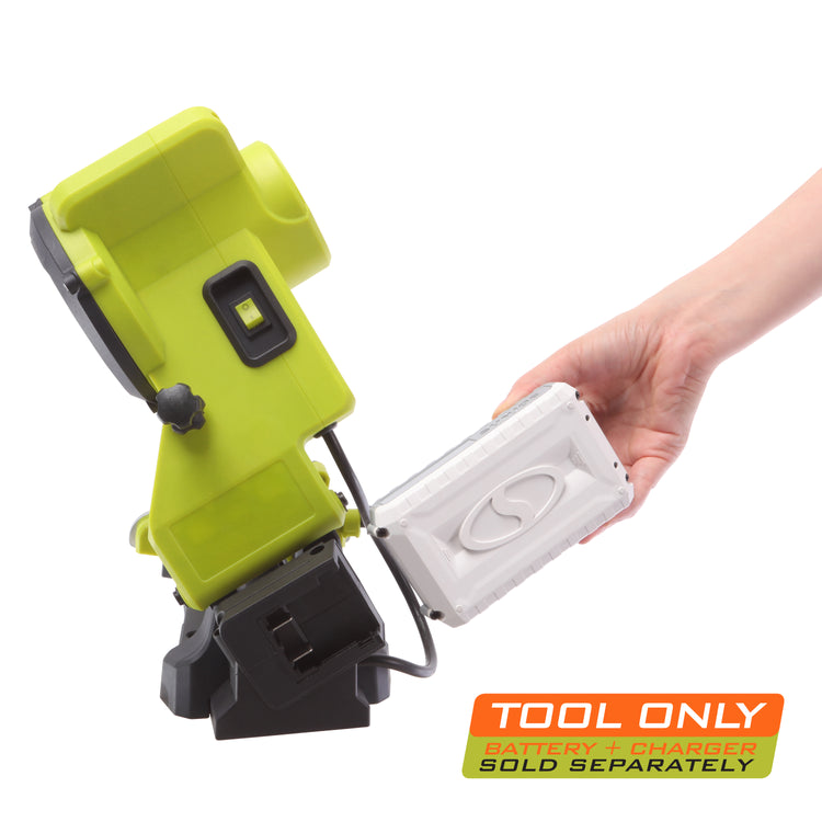 Person putting a 2.0-Ah lithium-ion battery into the Sun Joe 24-Volt Cordless Mountable Chainsaw Sharpener. Tool only.