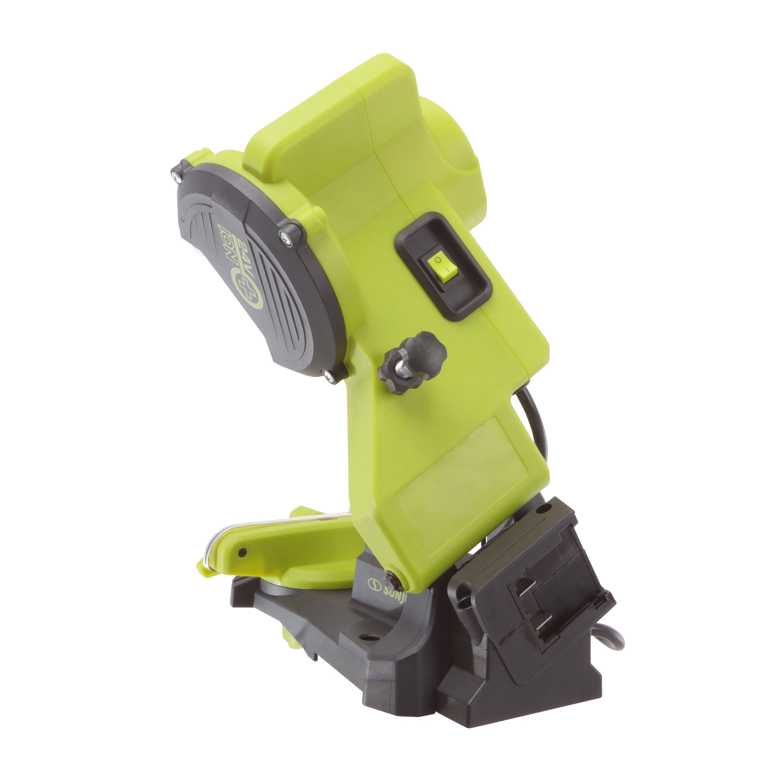 Rear view of the Sun Joe 24-Volt Cordless Mountable Chainsaw Sharpener.