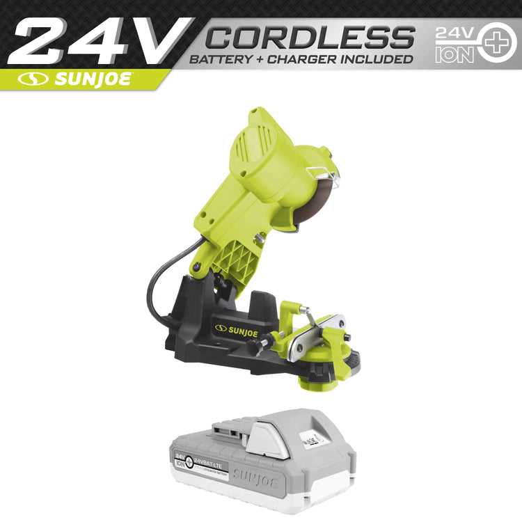 Sun Joe 24-Volt Cordless Mountable Chainsaw Sharpener plus a 2.0-Ah lithium-ion battery.