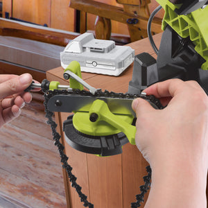 Person using the Sun Joe 24-Volt Cordless Mountable Chainsaw Sharpener to sharpen a chain.