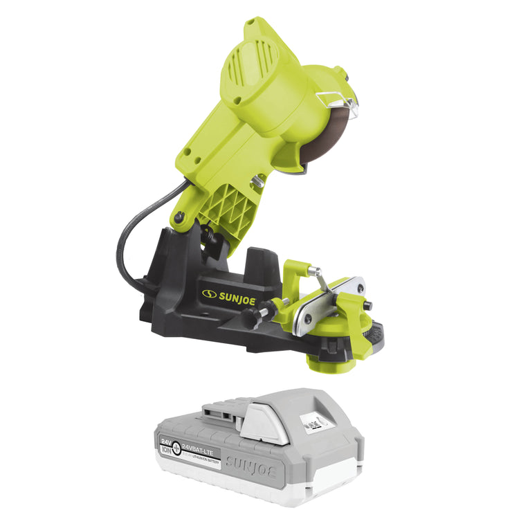 Sun Joe 24-Volt Cordless Mountable Chainsaw Sharpener with a 2.0-Ah lithium-ion battery.