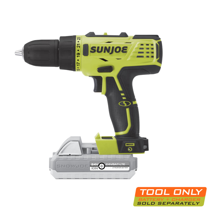 Side view of the Sun Joe 24-Volt Cordless Drill Driver with a 2.0-Ah lithium-ion battery attached. Tool only.