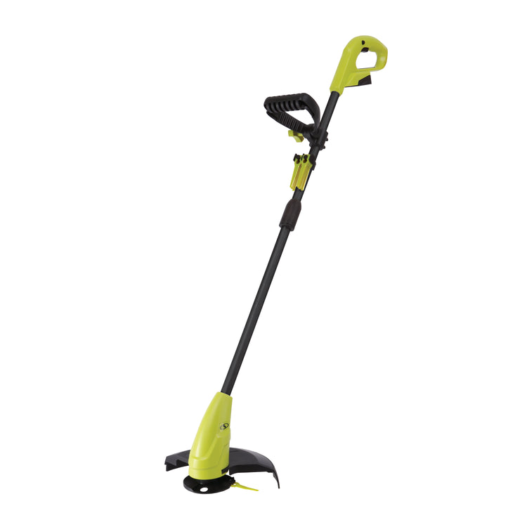 Angled view of the Sun Joe 24-volt cordless stringless 10-inch grass trimmer kit.