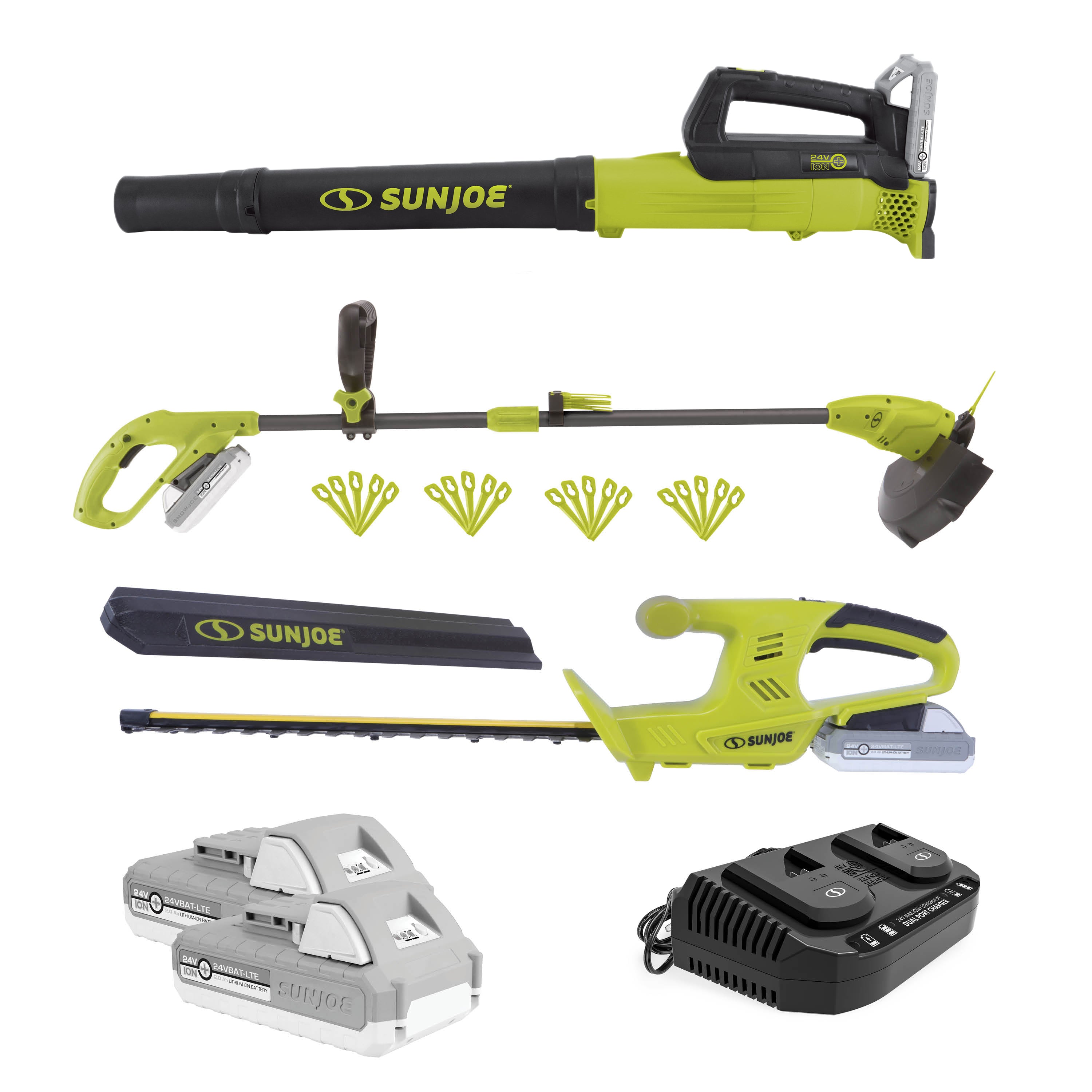 Sun Joe 24V-GT4MAX-LTE 24-Volt* IONMAX Cordless Garden Combo Kit | Leaf Blower | Grass Trimmer | Hedge Trimmer | W/ 2 x 2.0-Ah Batteries + Charger