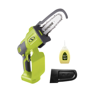 Sun joe 24-Volt Cordless Handheld Chainsaw comes with refillable lubricant and a chain cover.