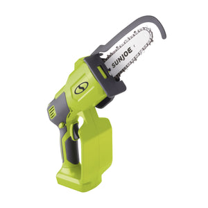 Sun joe 24-Volt Cordless Handheld Chainsaw with a 5-inch chain.