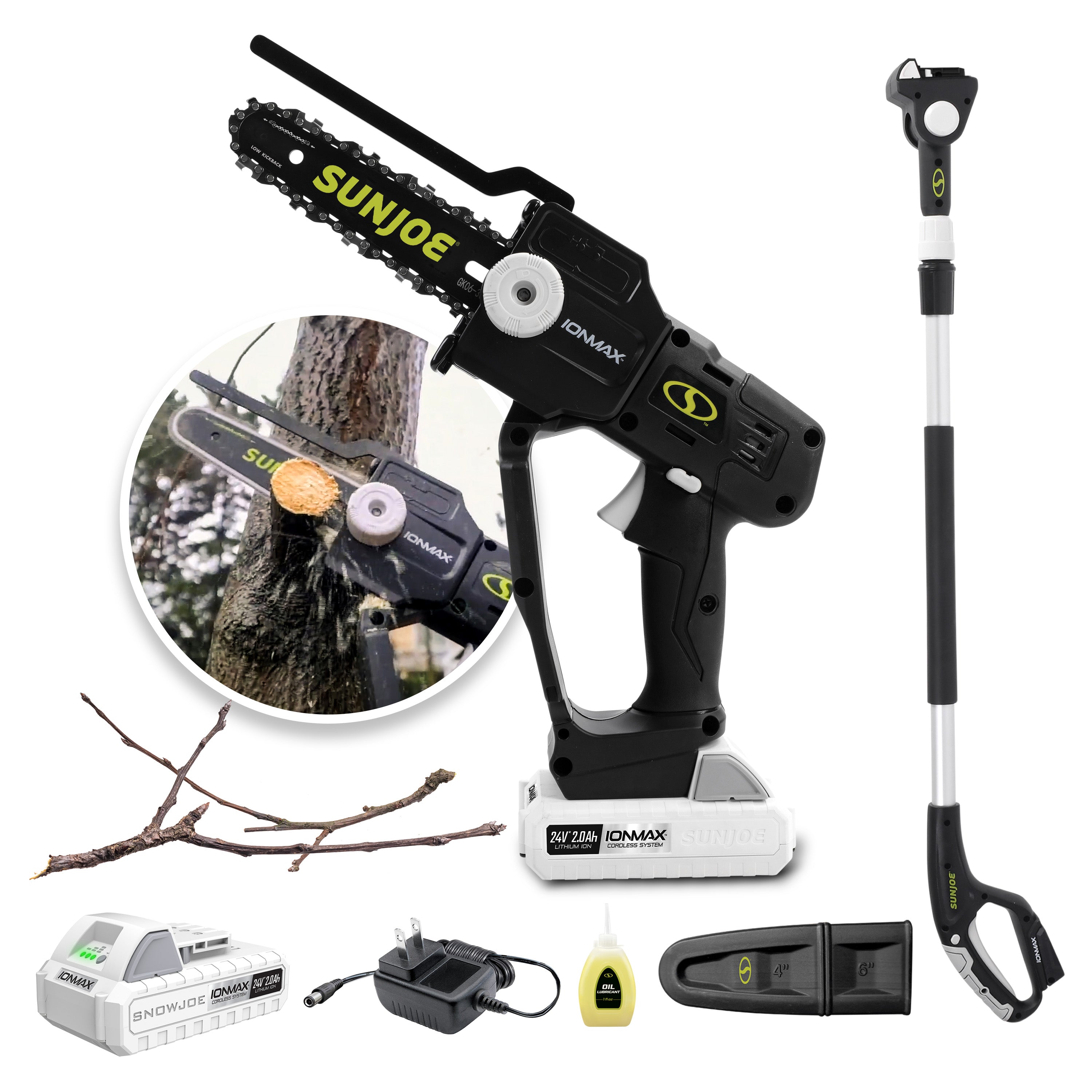 Sun Joe 24V-HCSWP-6-LTE 24-Volt* IONMAX Cordless Telescoping Pole Pruning Saw Kit | 4000 RPM | W/ 2.0-Ah Battery + Charger