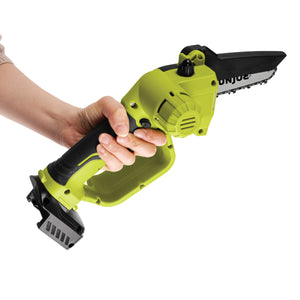 Person holding the Sun Joe 24-volt cordless Cordless Telescoping Pole Pruning Saw Kit without the pole.