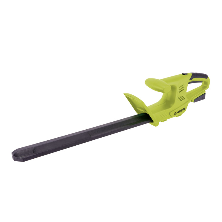 Sun Joe 24-volt Cordless 18-inch hedge trimmer with blade cover on.