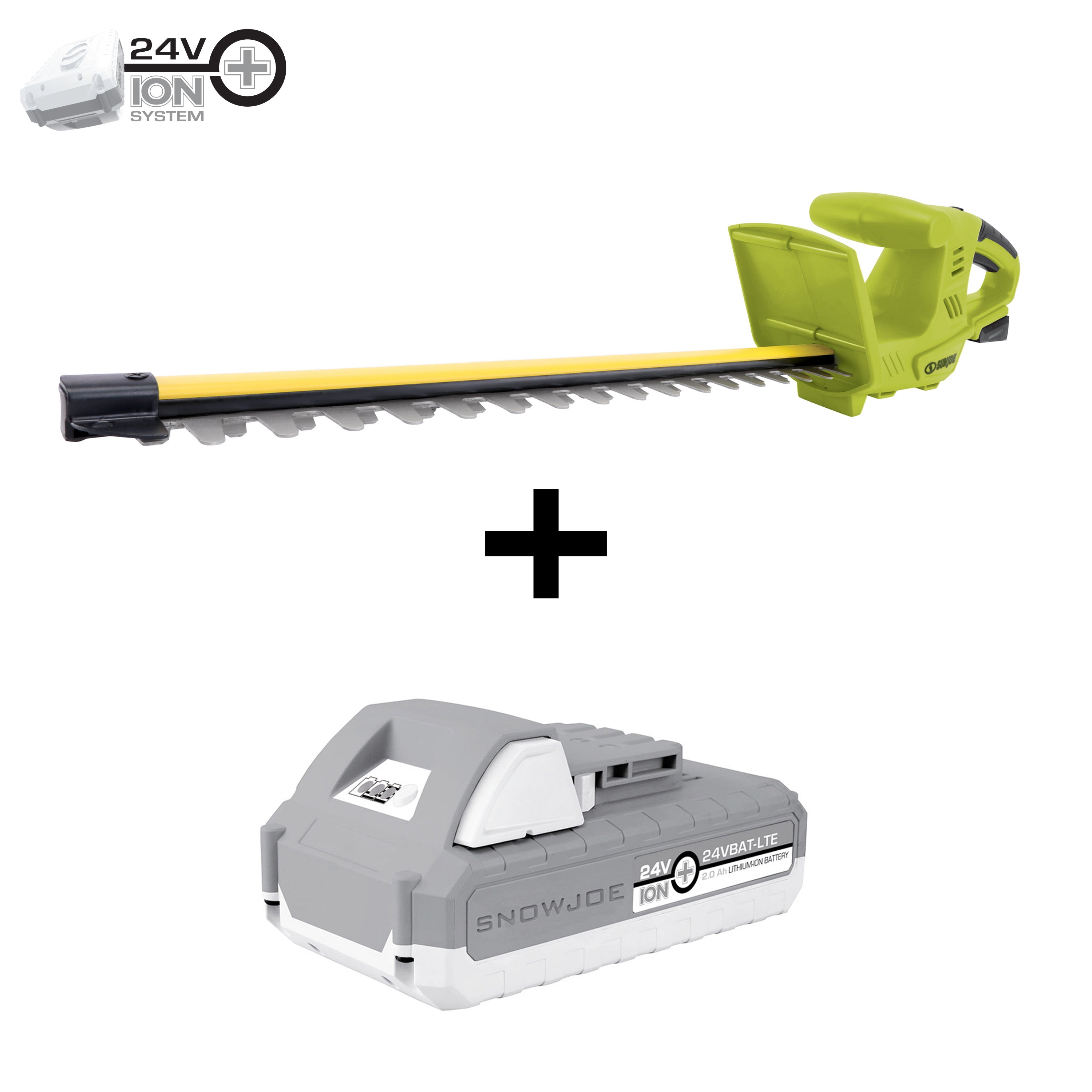 Sun Joe 24-volt 18-inch cordless hedge trimmer plus a 2.0-Ah lithium-ion battery.