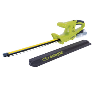 Sun Joe 24-volt 18-inch cordless hedge trimmer with blade cover.