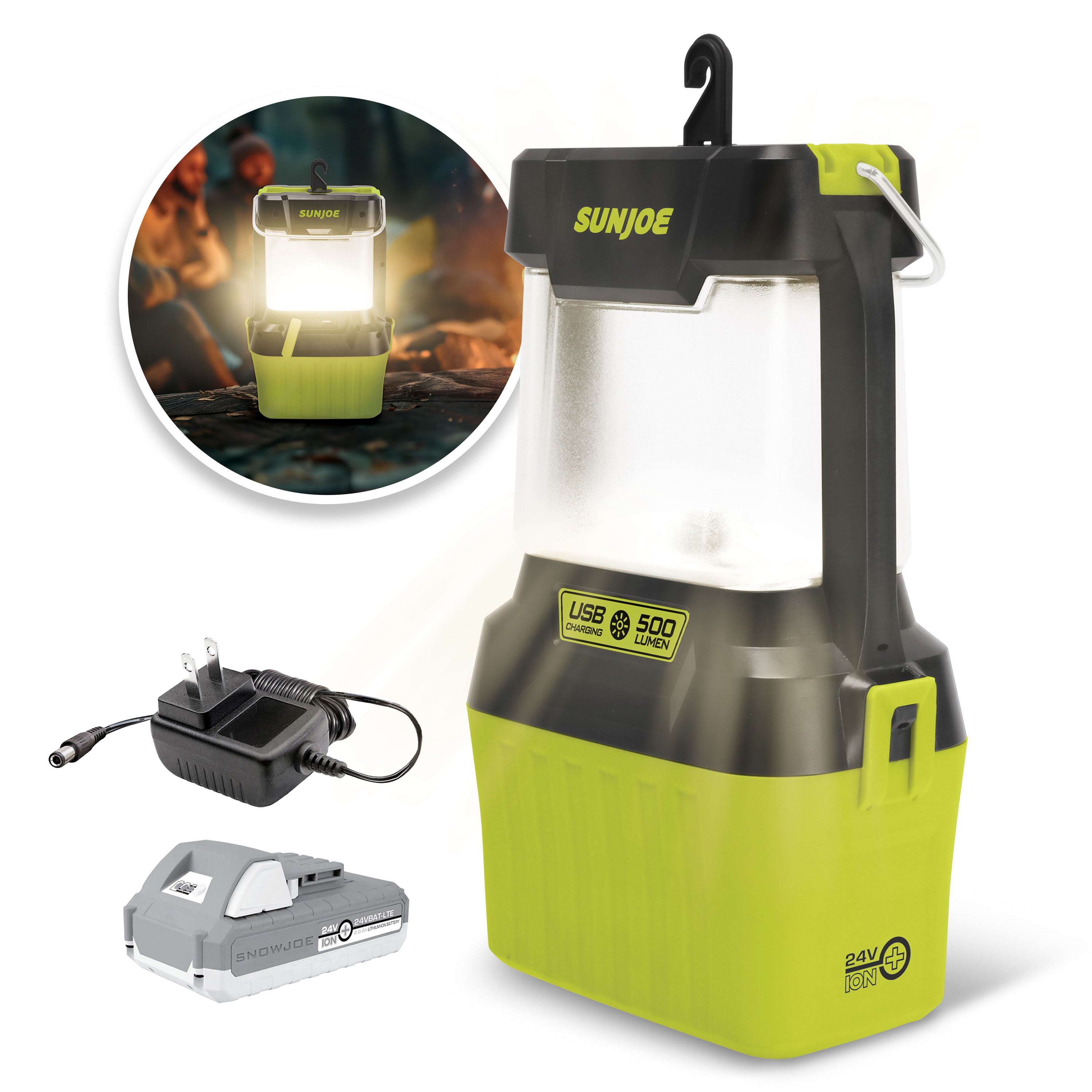 Sun Joe 24V-LGT500-LTE 24-Volt IONMAX Cordless LED Lantern | 4 Light Modes | Waterproof Casing | W/ 2.0-Ah Battery + Charger