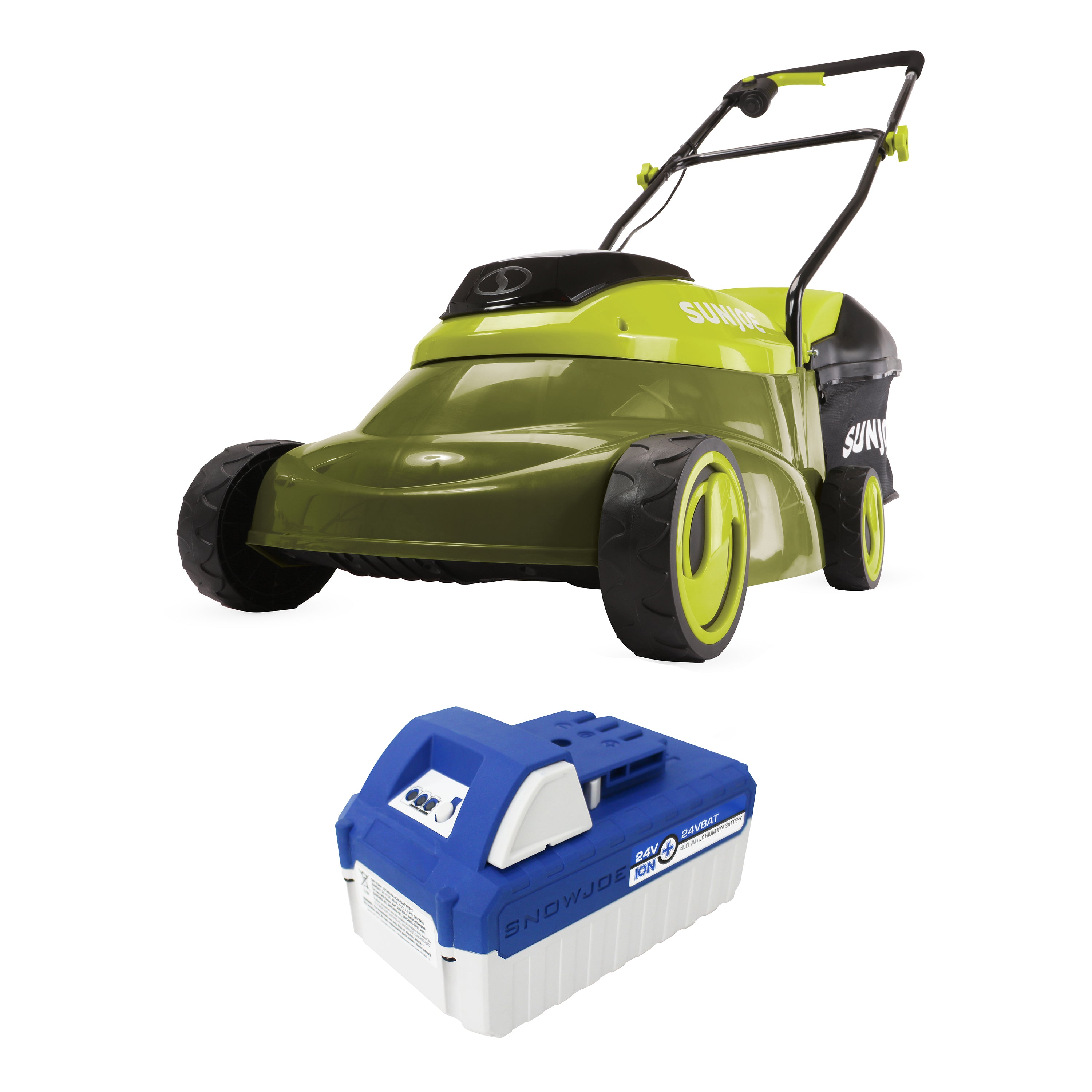 Sun Joe 24-Volt cordless 14-inch Lawn Mower with a 4.0-Ah lithium-ion battery.