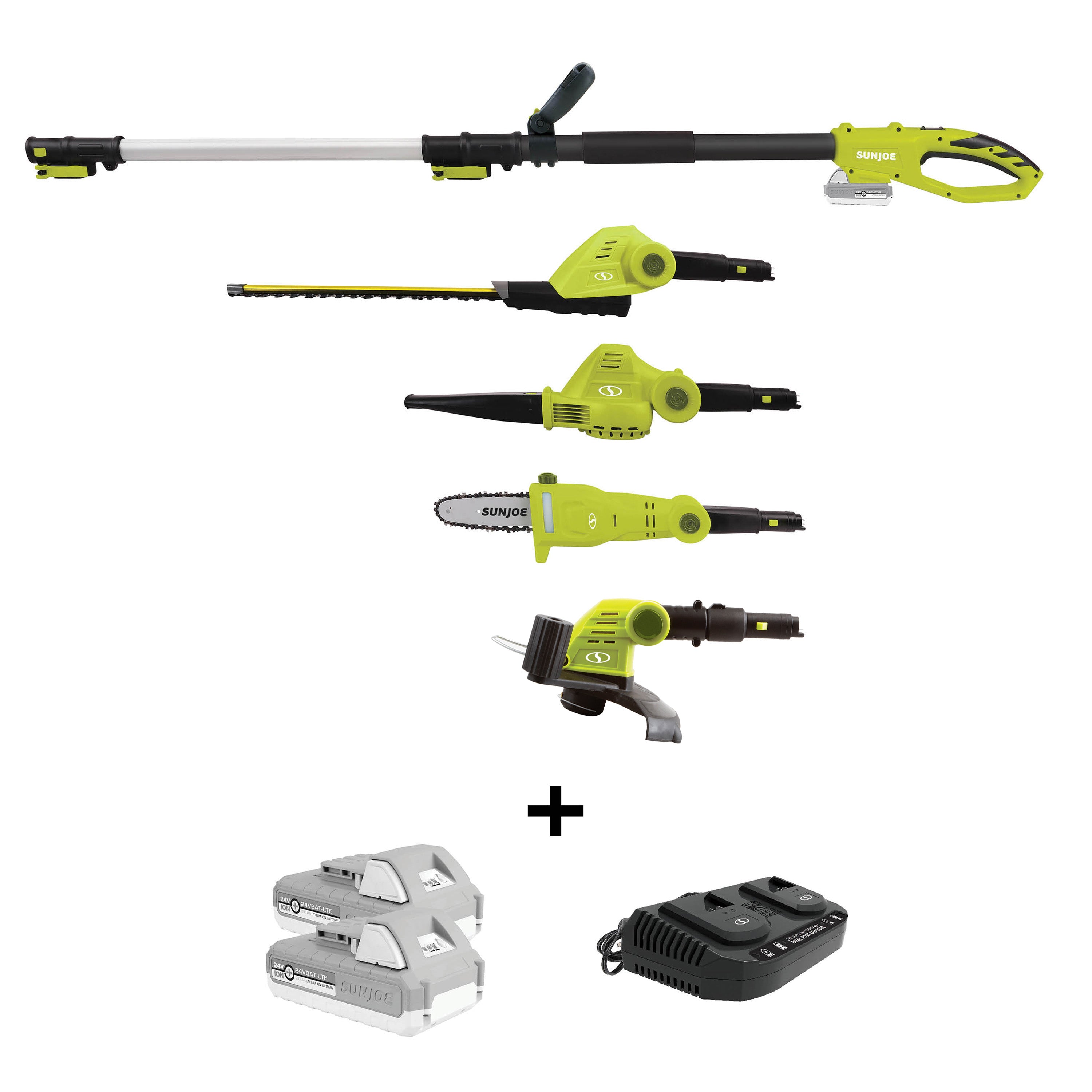 Sun Joe 24V-MTWP4-LTE 24-Volt Cordless Interchangeable Multi-Tool | Leaf Blower + Hedger + Trimmer + Chainsaw | W/ 2 x 2.0-Ah Batteries + Charger