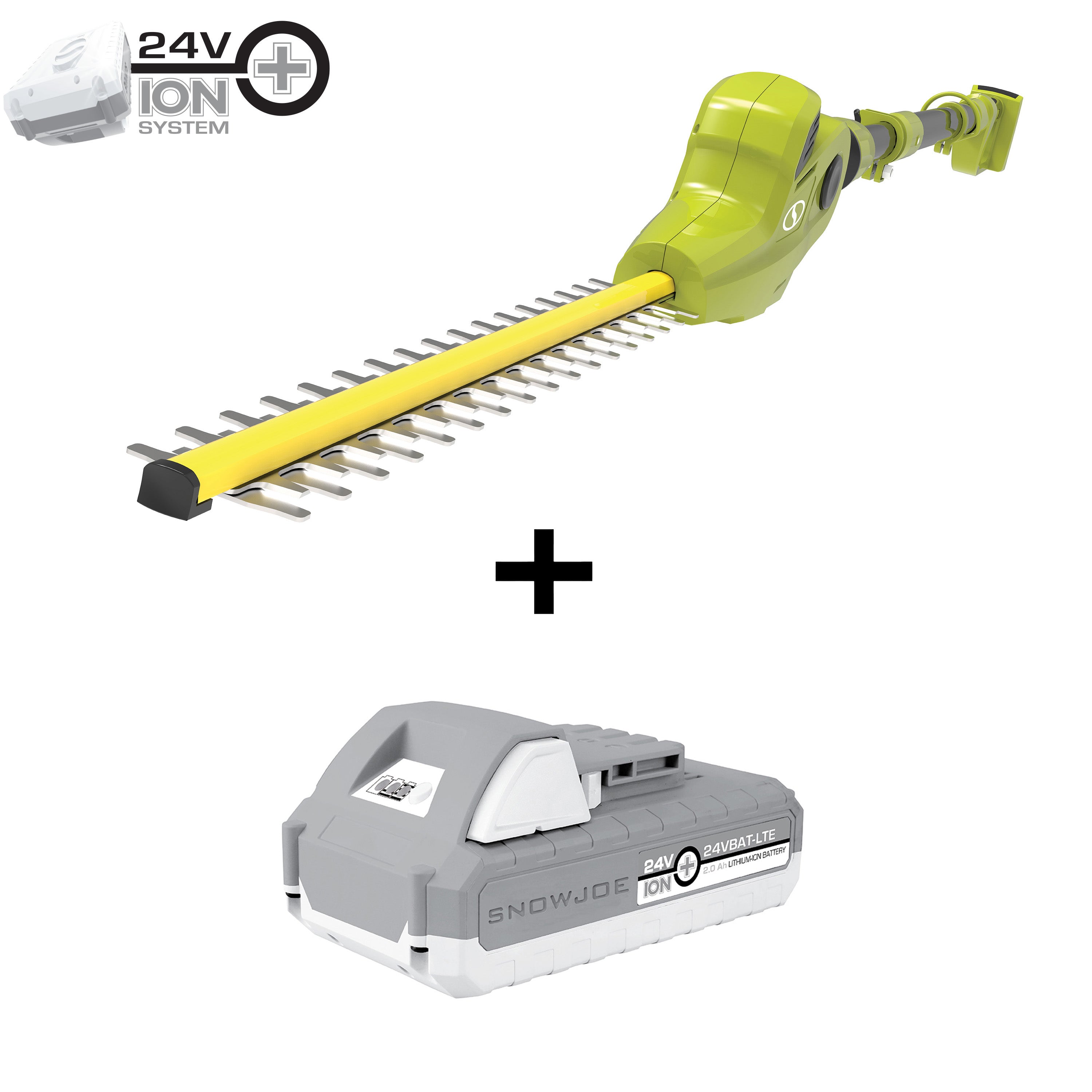 Sun Joe 24-volt cordless 17-inch pole hedge trimmer plus a 2.0-Ah lithium-ion battery.