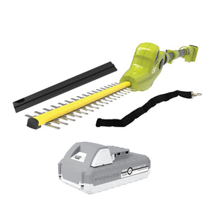 Sun Joe 24-volt cordless 17-inch pole hedge trimmer with a blade cover, shoulder strap, and 2.0-Ah lithium-ion battery.