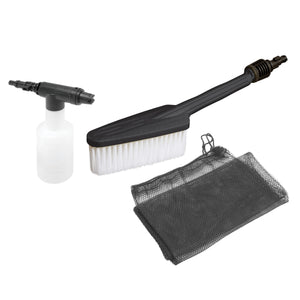 Sun Joe 3-piece Power Sprayer Accessory Kit with foam gun, utility brush, and storage bag.