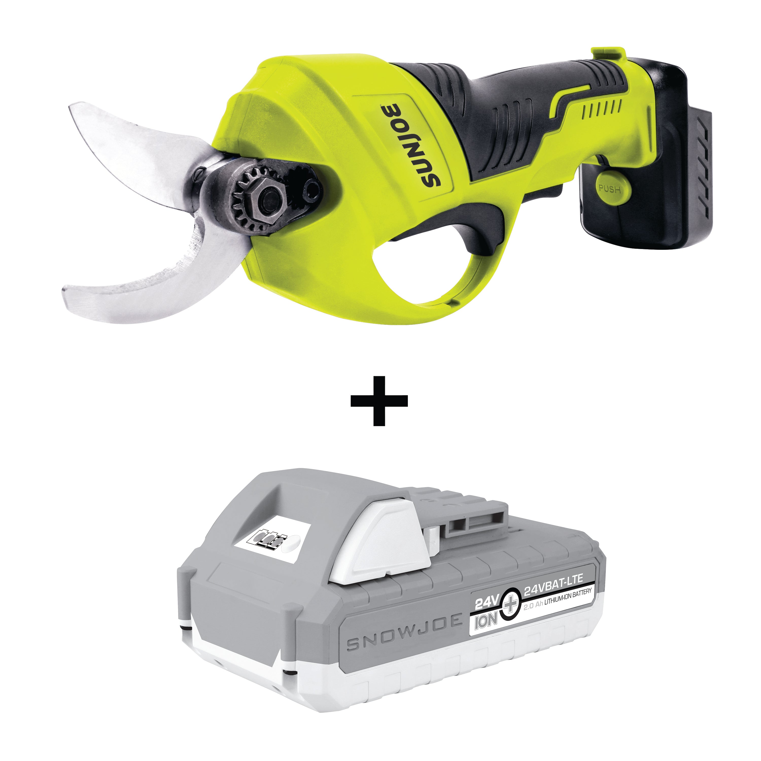 Sun Joe Cordless Handheld Pruning Shears plus a 2.0-Ah lithium-ion battery.