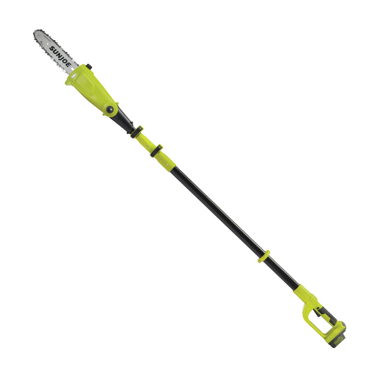 Side view of the Sun Joe 24-volt cordless telescoping pole 10-inch chainsaw.