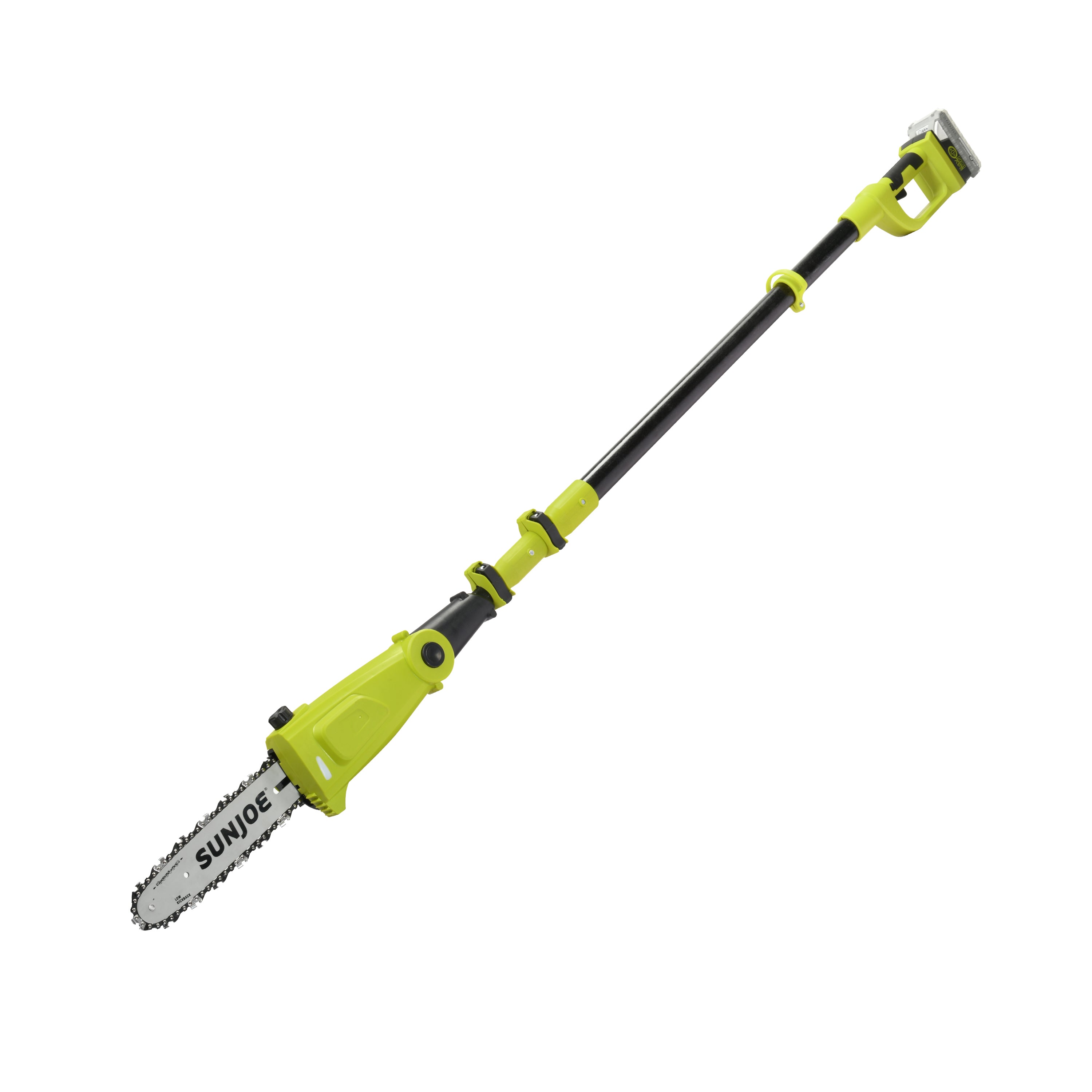 Sun Joe 24-volt cordless telescoping pole 10-inch chainsaw with a 2.0-Ah lithium-ion battery attached.