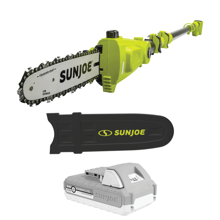 Sun Joe 24-volt cordless telescoping pole 10-inch chainsaw with a 2.0-Ah lithium-ion battery and blade cover.