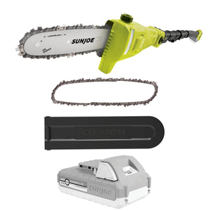 Sun Joe 24-Volt cordless telescoping pole 8-inch chainsaw with 2.0-Ah lithium-ion battery, blade cover, and extra bonus chain.