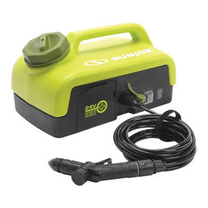 Sun Joe 24-volt cordless portable shower spray washer.