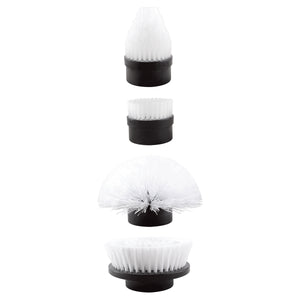 4 brush attachments: 1 small and 1 large flat brush, a round brush, and a cone brush.