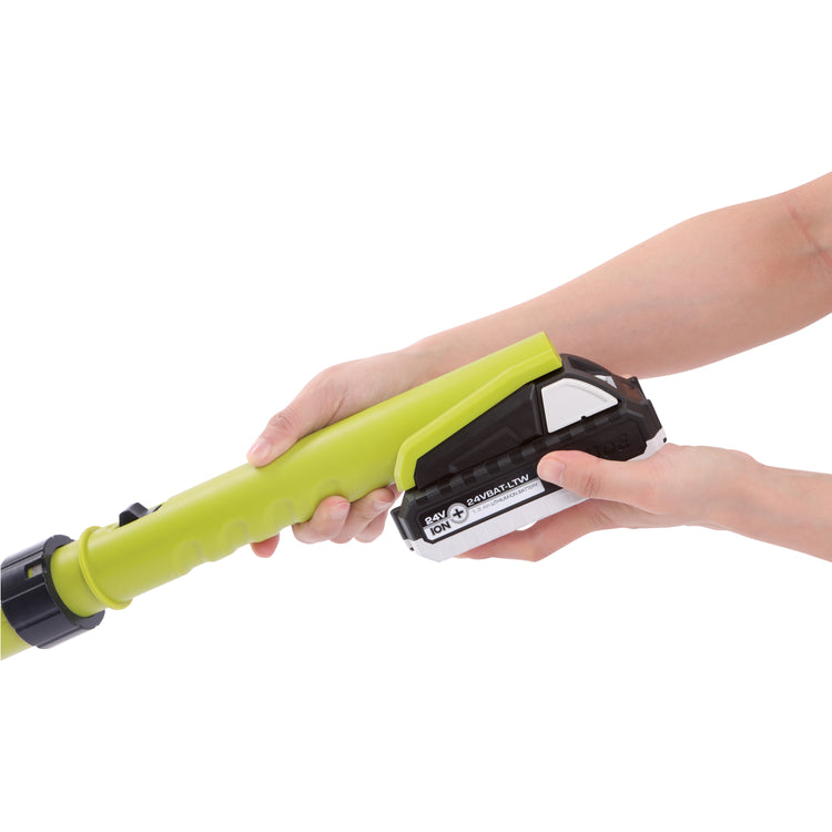 Person putting a 1.3-Ah lithium-ion battery onto the Sun Joe 24-volt Cordless Heavy-Duty Indoor/Outdoor Power Scrubber.