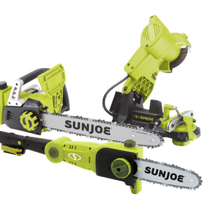 Bundle of Sun Joe cordless 16-chainsaw, chainsaw sharpener, and 8-inch pole chainsaw.