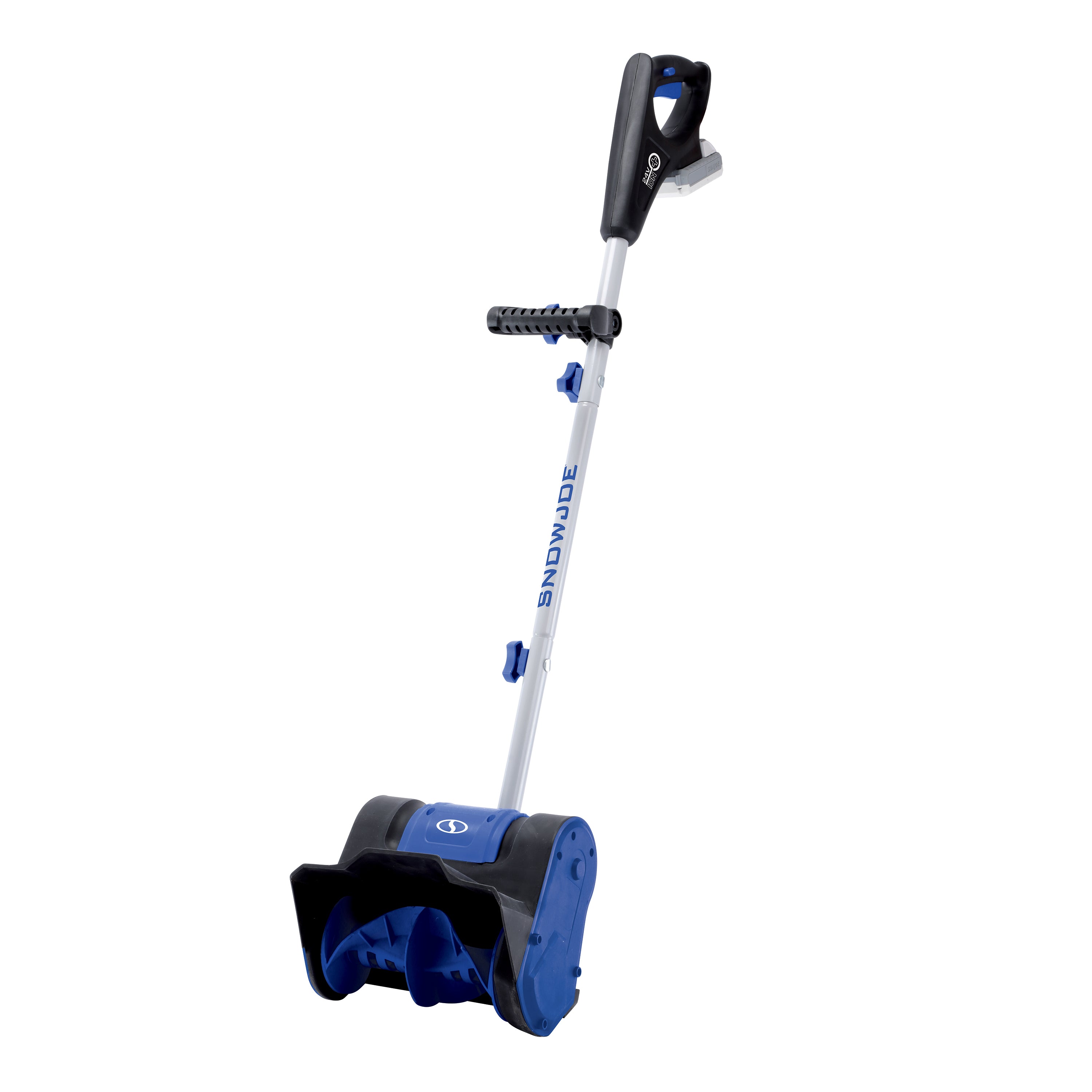 Snow Joe 24-volt cordless 10-inch snow shovel kit with a 5.0-Ah lithium-ion battery attached.