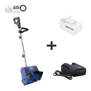 Snow Joe 24-volt cordless 10-inch snow shovel kit plus a 5.0-Ah lithium-ion battery and quick charger.