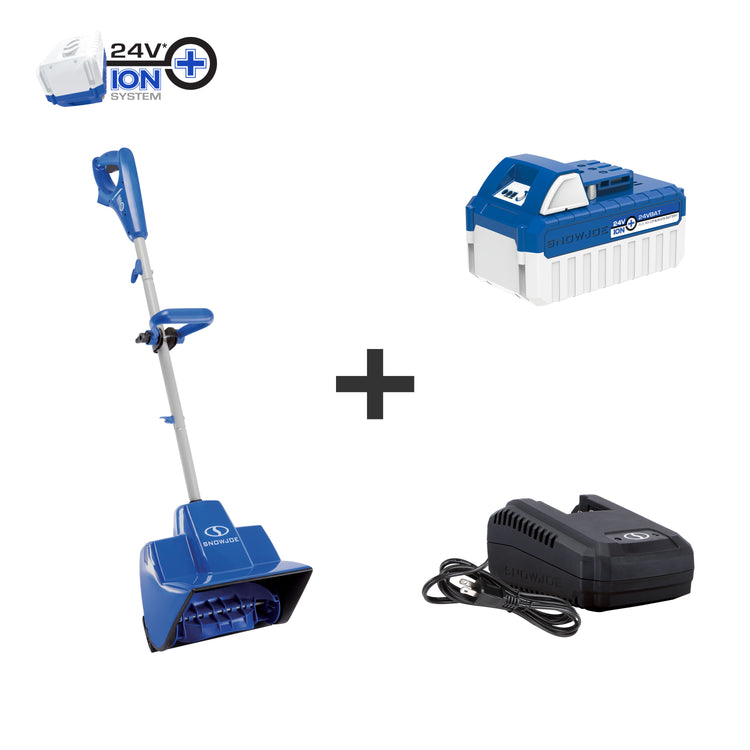 Snow Joe 24-Volt cordless 11-inch snow shovel kit plus a 4.0-Ah lithium-ion battery and quick charger.