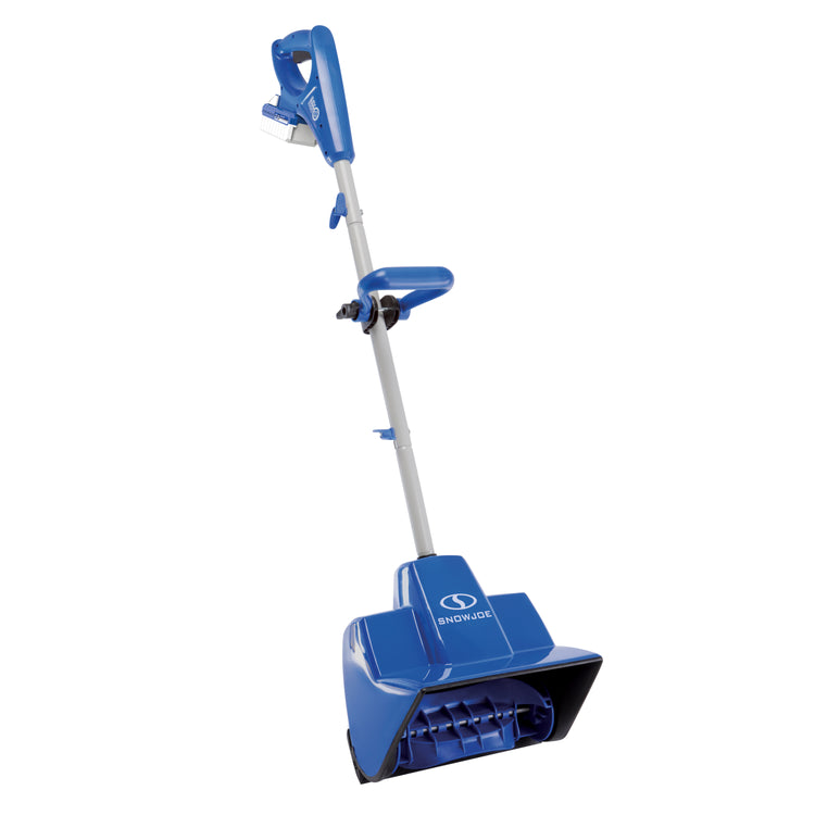 Angled view of the Snow Joe 24-Volt cordless 11-inch snow shovel kit with a 4.0-Ah lithium-ion battery attached.