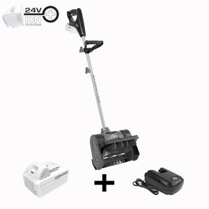 Snow Joe 24-volt cordless 12-inch snow shovel kit in gray plus a 5.0-Ah lithium-ion battery and quick charger.