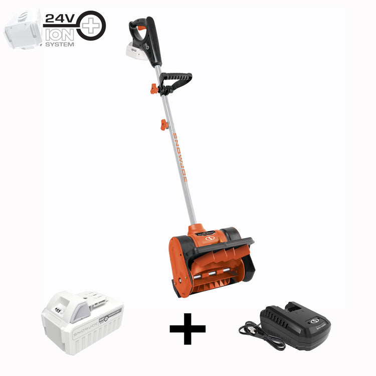 Snow Joe 24-volt cordless 12-inch snow shovel kit in orange plus a 5.0-Ah lithium-ion battery and quick charger.