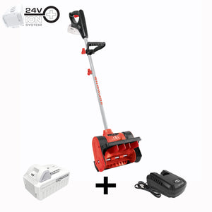 Snow Joe 24-volt cordless 12-inch snow shovel kit in red plus a 5.0-Ah lithium-ion battery and quick charger.