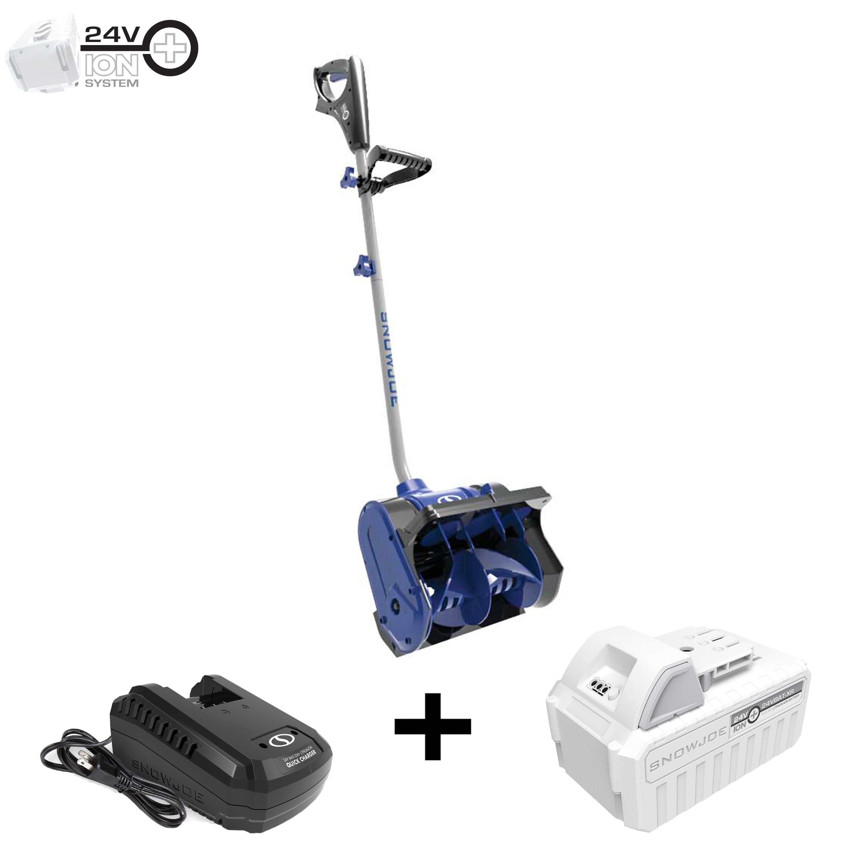 Snow Joe 24-volt cordless 12-inch snow shovel kit plus a 5.0-Ah battery and quick charger.